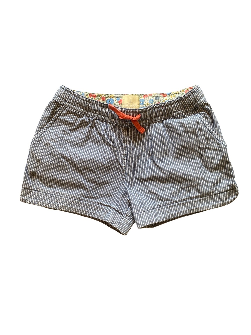 Mini Boden Blue & White Pinstriped Seersucker Shorts with Coral Drawstring - 9Y
